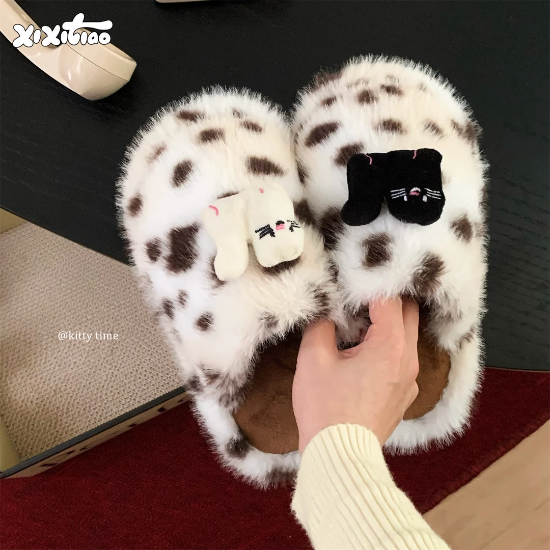 细细条 ins黑白小猫居家毛毛鞋趣味防滑冬季学生包头保暖棉拖鞋女