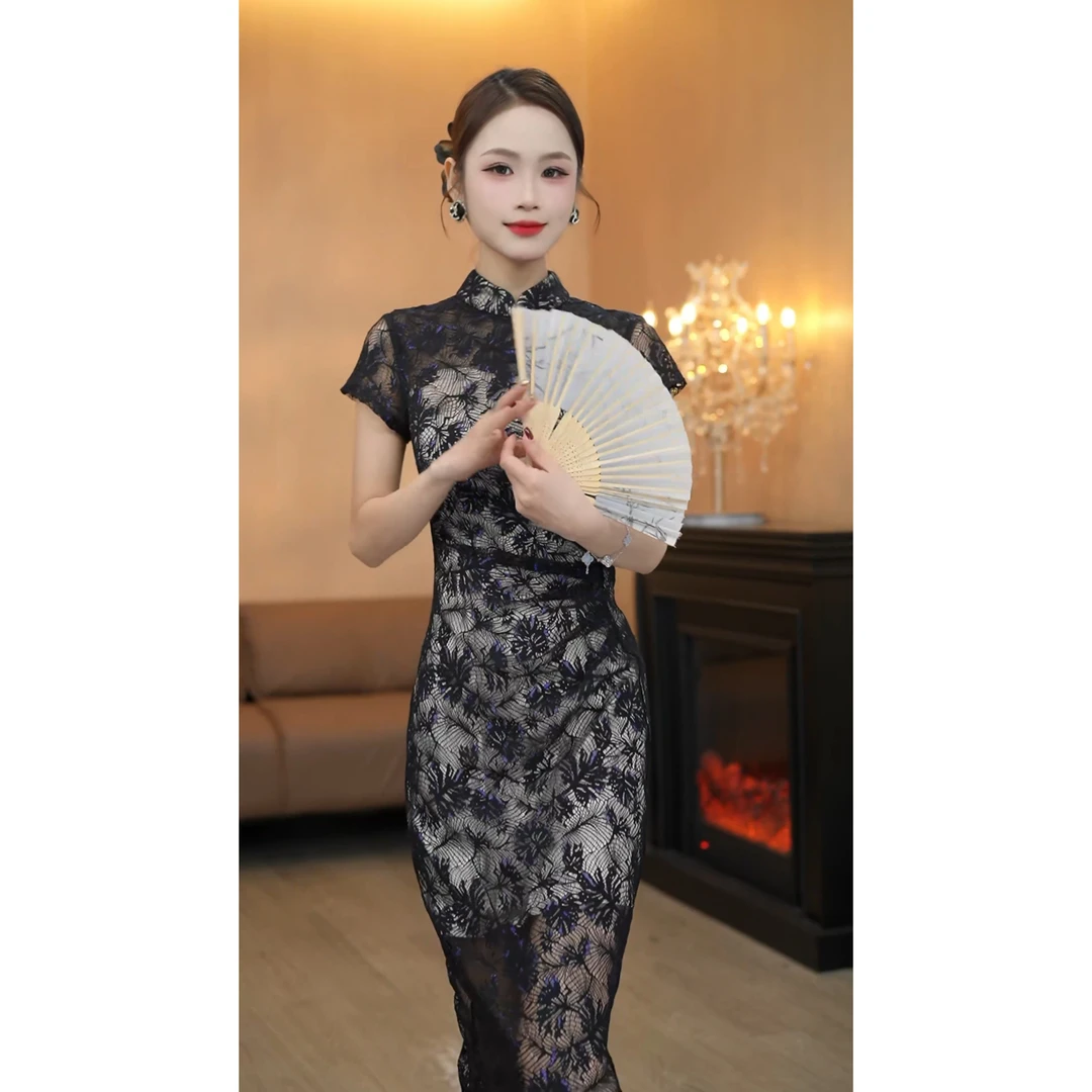 3371国风水墨画改良旗袍新中式年轻款优雅气质修身蕾丝连衣裙