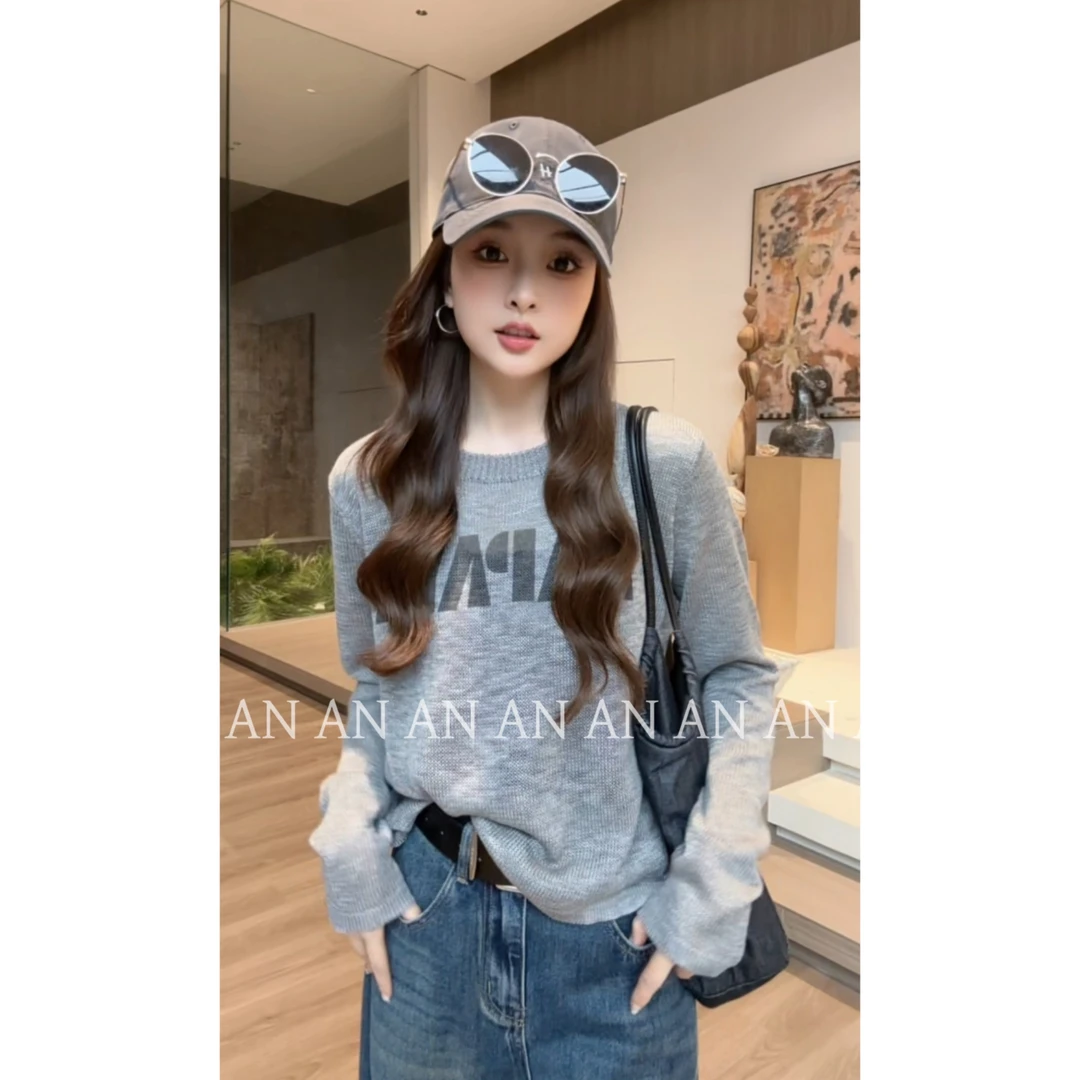 C08164秋季休闲宽松慵懒风设计感套头微透罩衫圆领字母针织衫