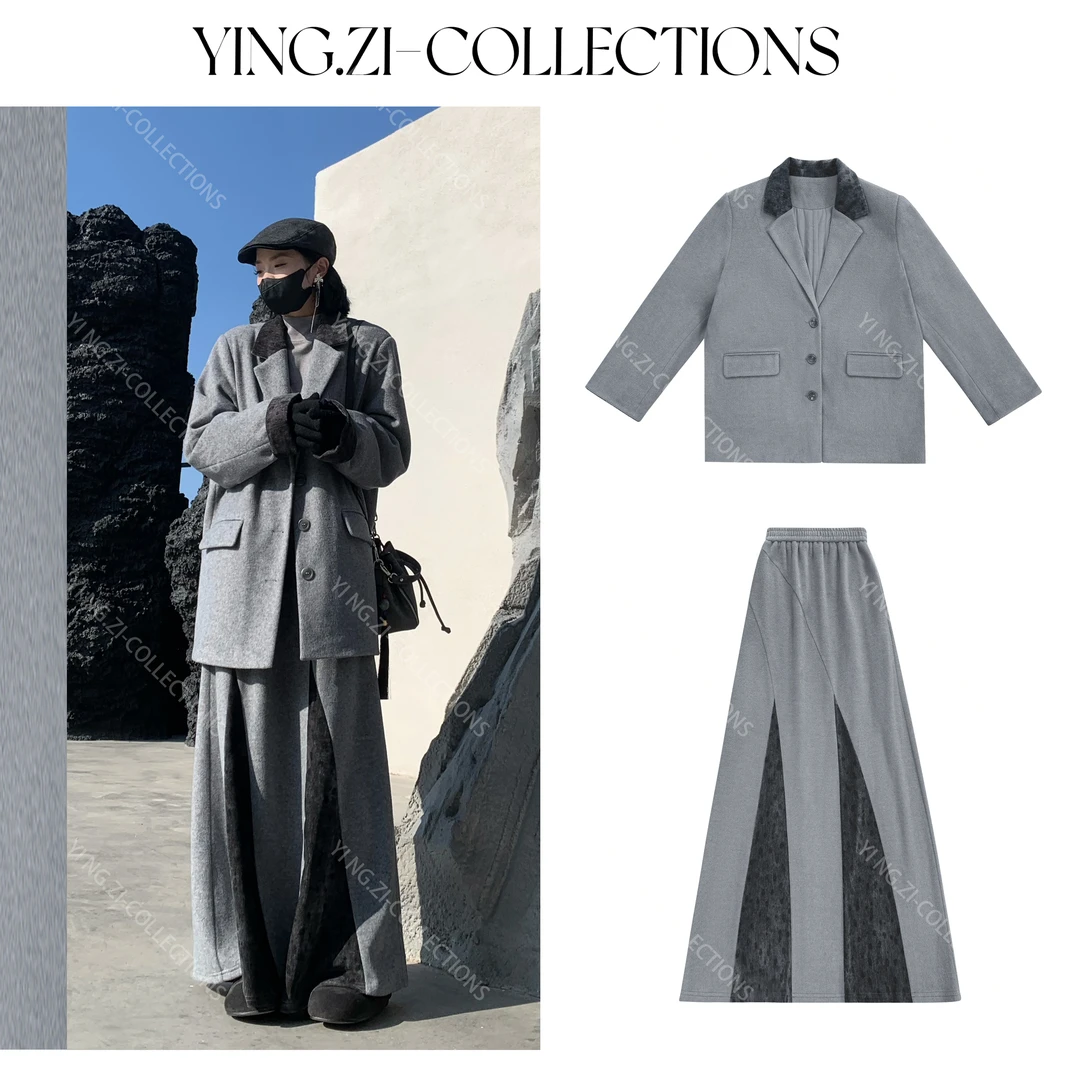Ying-Zi【半亩花田】西服套装高级感拼接设计气质冬季