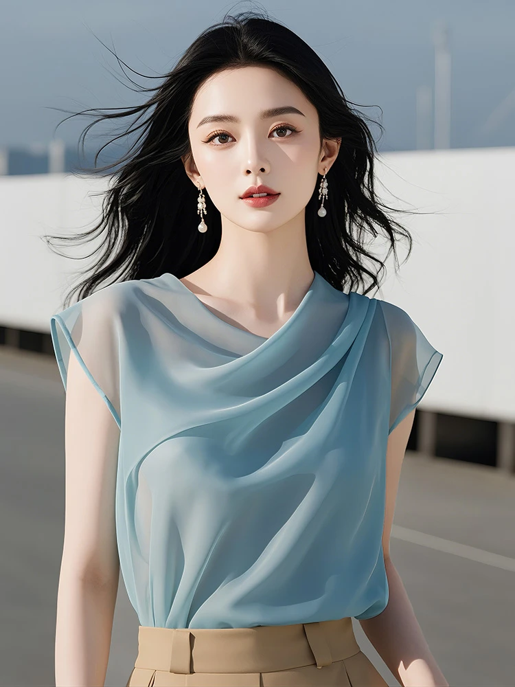 今年流行漂亮蓝色短袖衬衫女装夏季轻熟法式小众独特别致雪纺上衣