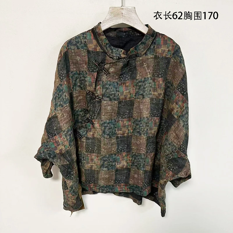 A297麻姑娘新款苎麻印花做旧宽松休闲复古百搭时尚斜边布扣T恤女
