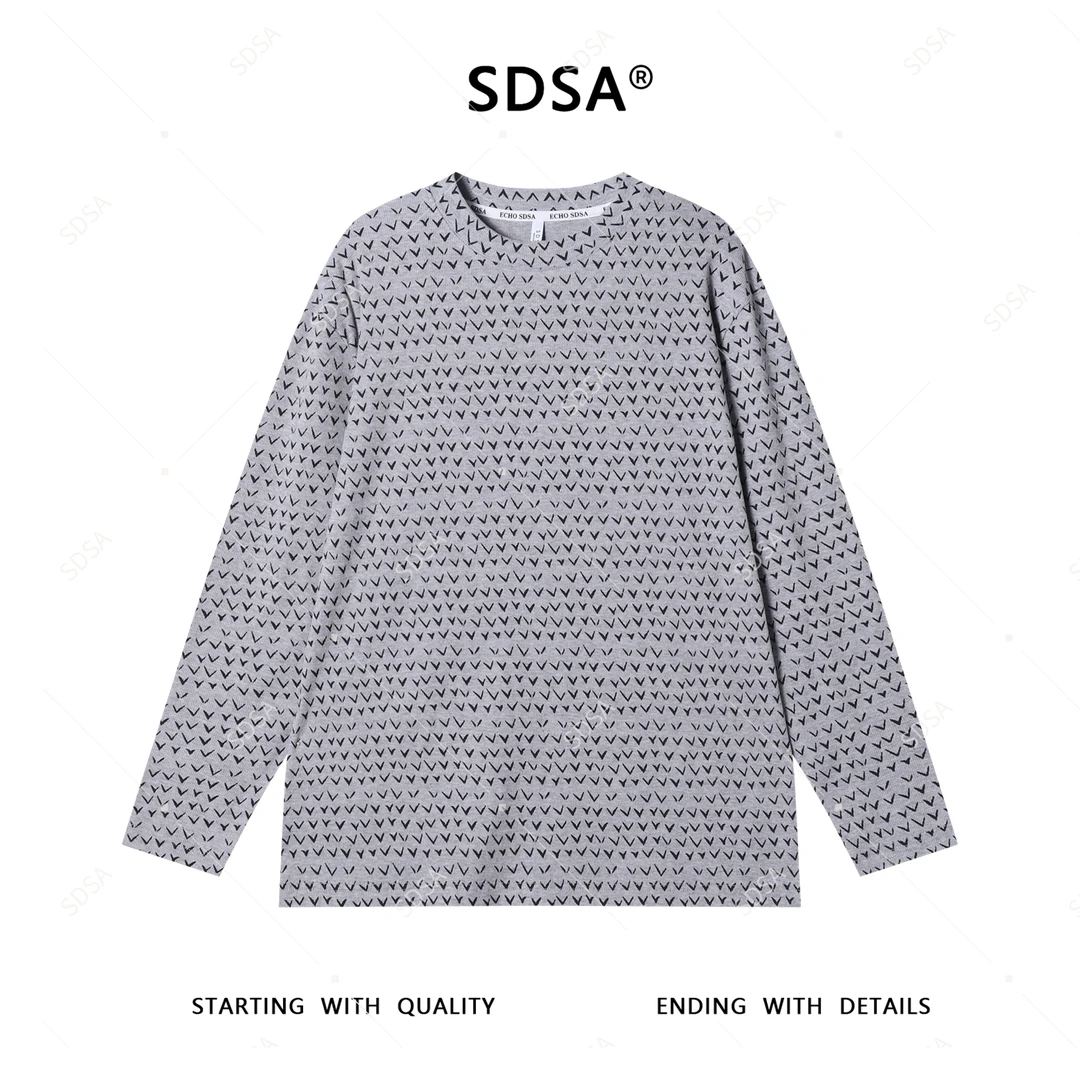 SDSA夏季新款男士痞帅潮牌撞色印花肌理感圆领长袖T恤舒适百搭潮