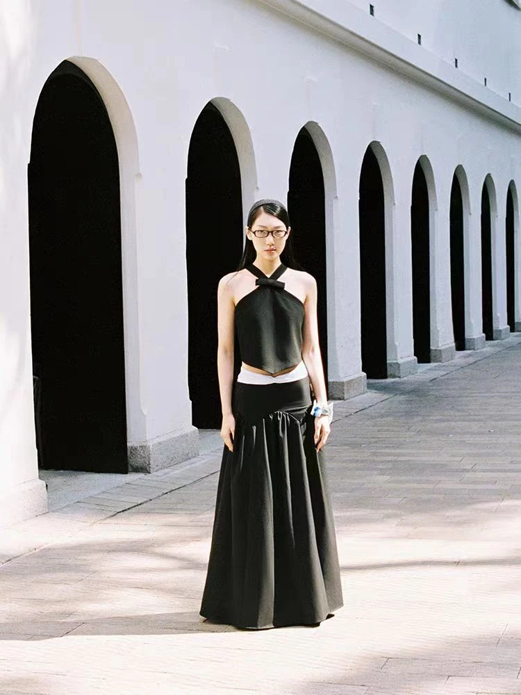 Kiwi Jadeite 蝴蝶结腰头撞色皱褶量感长半裙