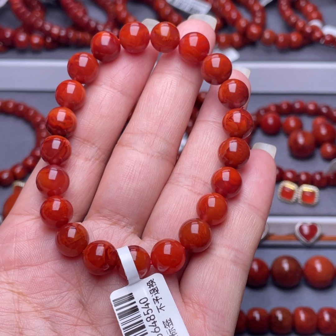 南红玛瑙未镶嵌配珠9.2mm瓦西玫瑰牛血火焰圆珠手串