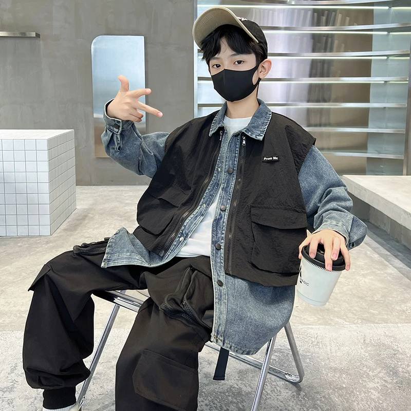 男童外套秋装2025新款儿童春秋款真两件牛仔上衣男孩帅气秋季衣服