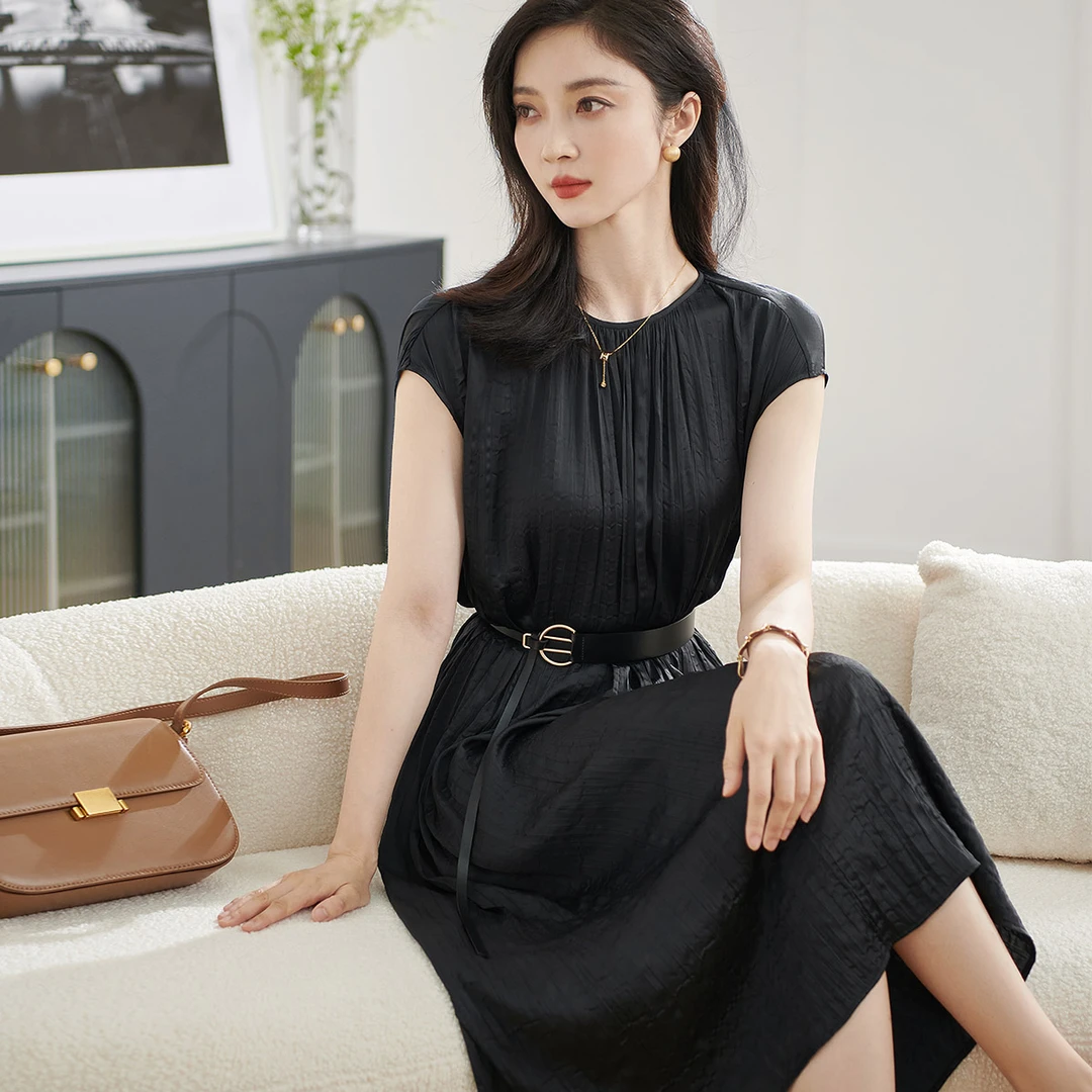 【菁菁专属】优雅气质短袖连衣裙收腰显瘦设计感A字裙5M24BL1127