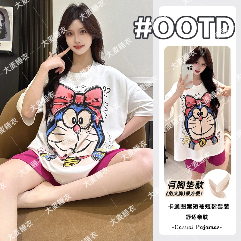 设计感夏季纯棉睡衣女爆款甜美卡通时尚短袖短裤睡衣家居服套装