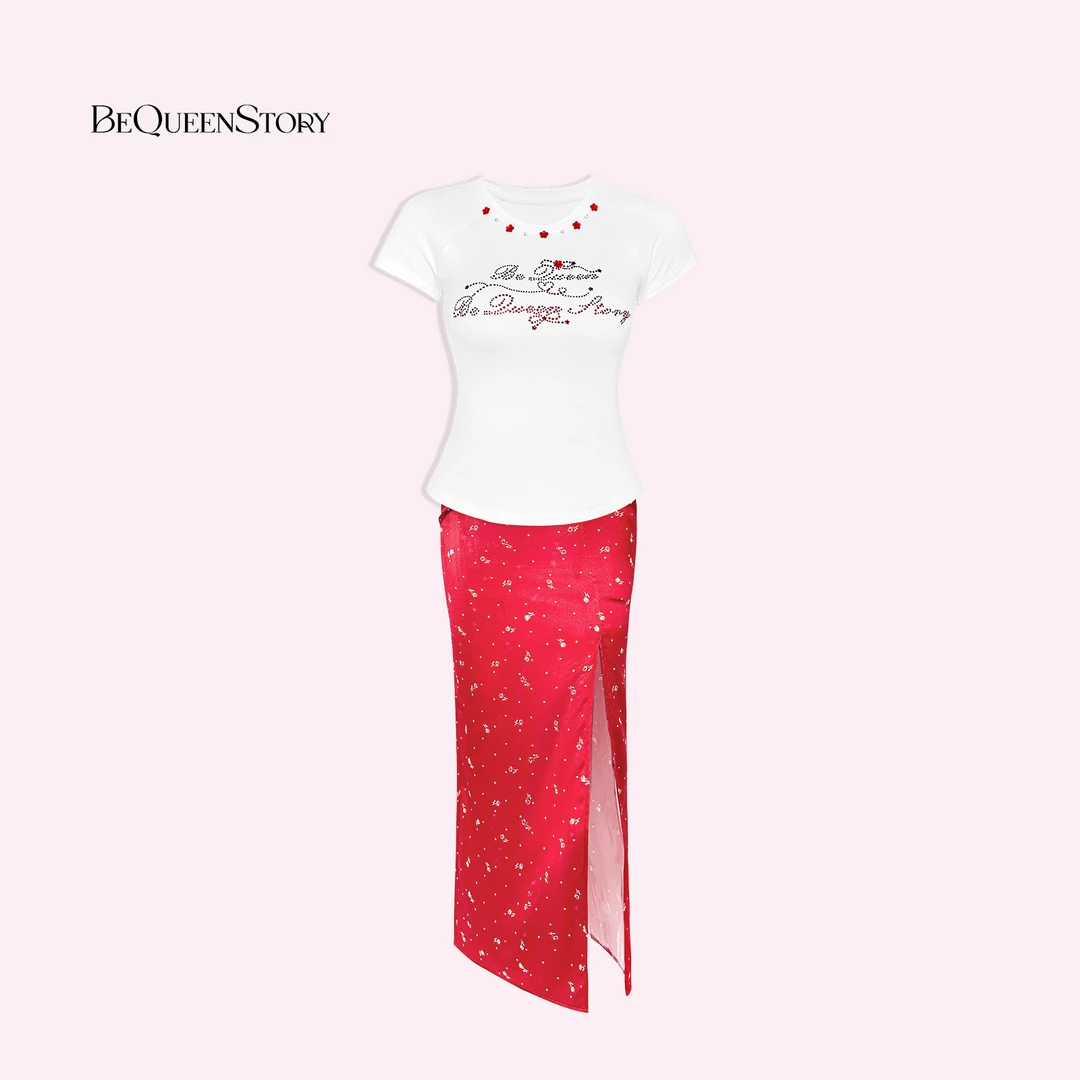 余潇潇【加州热恋】精致烫钻针织弹力百搭T恤&缎面印花半身裙