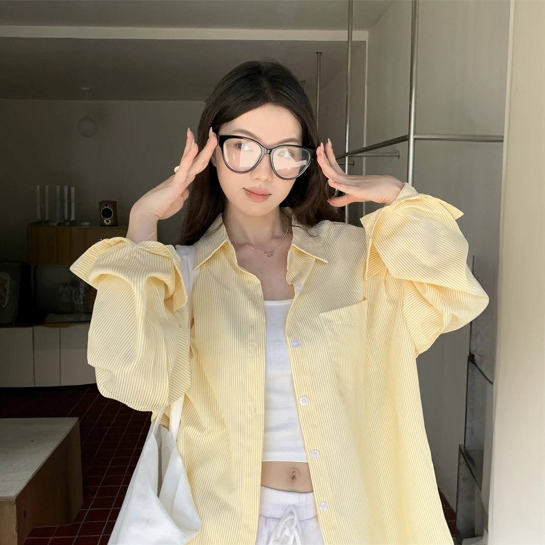 慵懒风条纹翻领长袖衬衫女装夏季休闲宽松中长款薄款防晒衬衣外套
