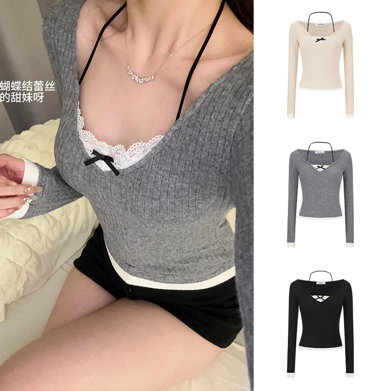 Moses Queen/魔西女王芭蕾风蕾丝假两件挂脖长袖T恤女春秋打底衫