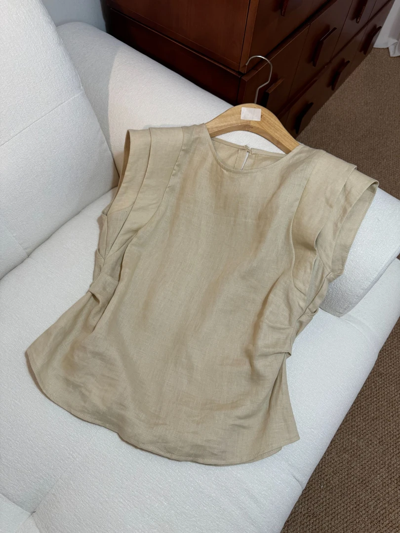 TZ现货夏季上新褶皱法式褶皱时尚轻奢老钱风圆领无袖上衣59077