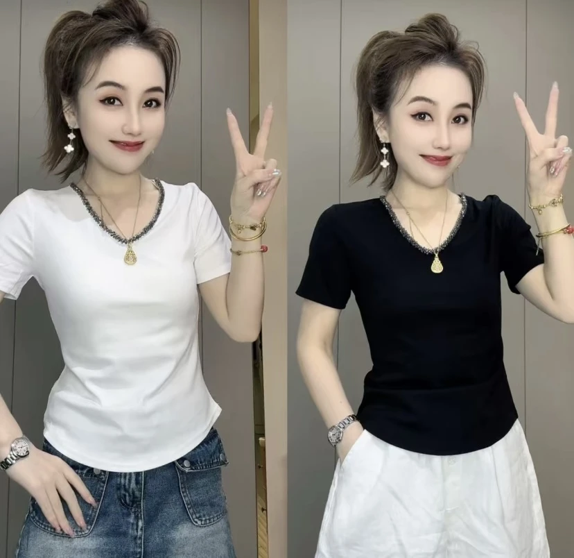 轻熟风气质亮片V领正肩短袖T恤女2025新款夏季高级感别致修身上衣