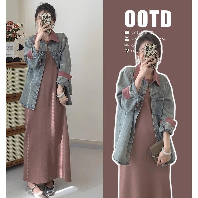 孕妇秋装外穿套装洋装针织背心长裙两件套女时尚牛仔外套高个子