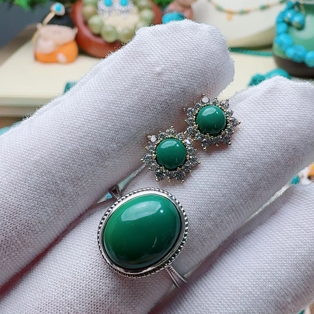 绿松石银S925镶嵌高瓷玉化绿耳钉戒指套装