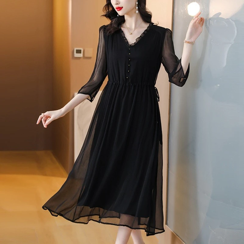 购玖姿折扣女装清仓仿丝连衣裙女新款夏季高端仿真丝气质流行