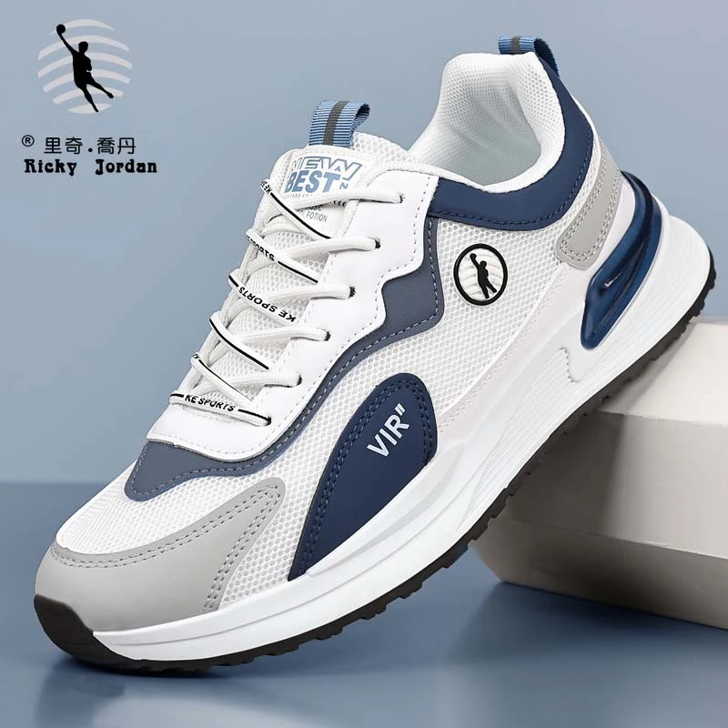 里奇乔丹男鞋透气网眼轻便耐磨跑步鞋皮面韩版百搭潮流休闲运动鞋