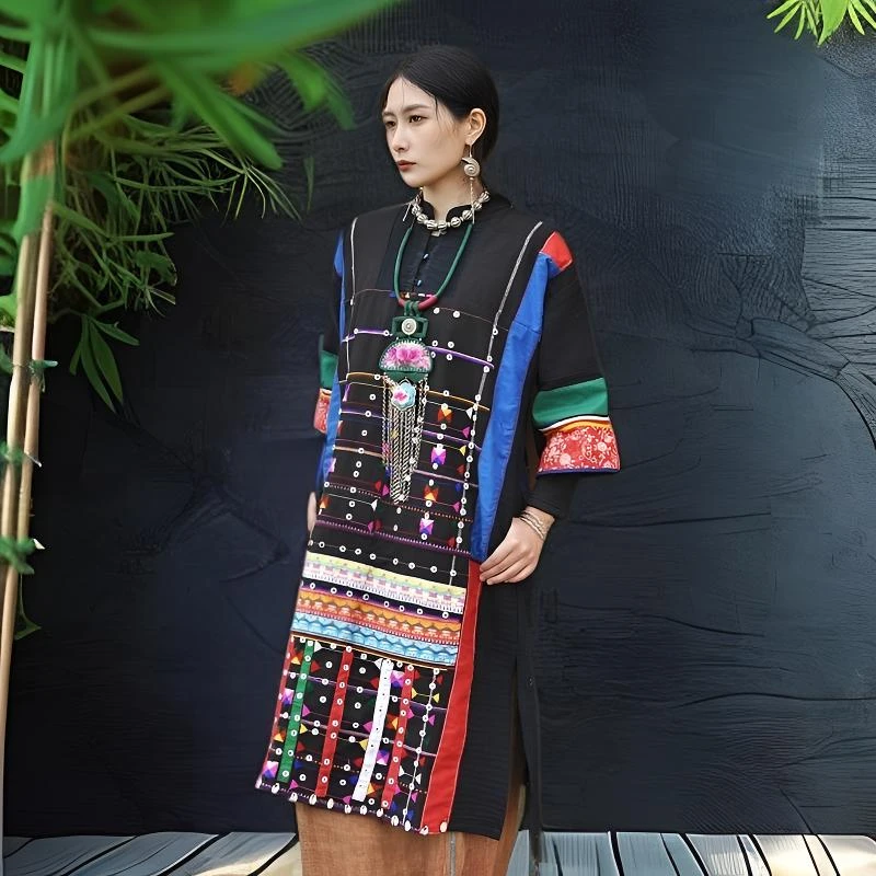 时尚休闲中式长款气质民族风设计优雅百搭手工刺绣上衣