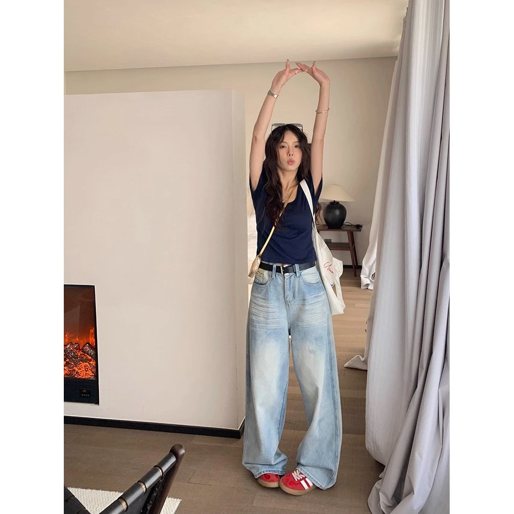 美式复古做旧破洞牛仔裤女秋季高腰宽松显瘦阔腿直筒拖地梧桐裤子