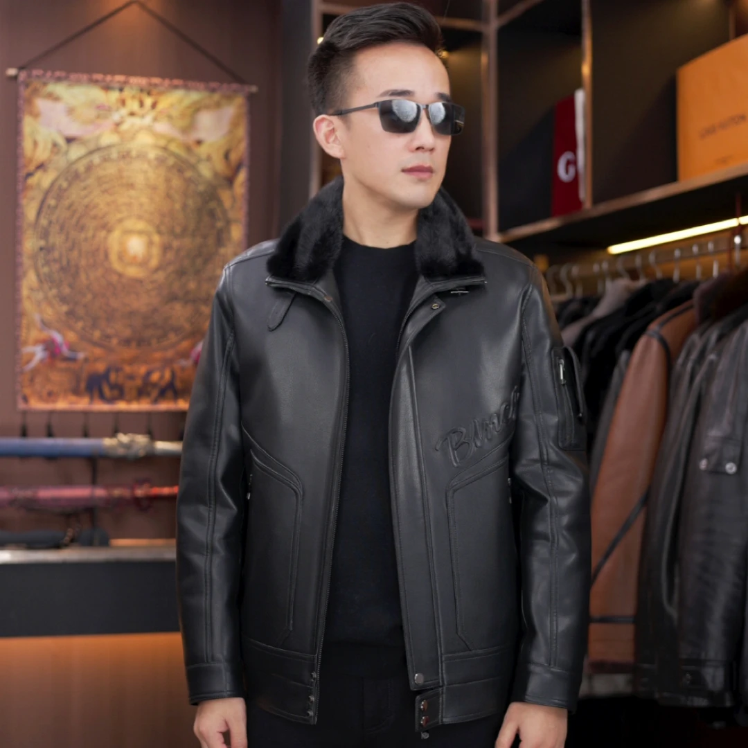 奢品级紫金水貂毛领绵羊皮真皮皮衣男士白鸭绒皮夹克冬季外套