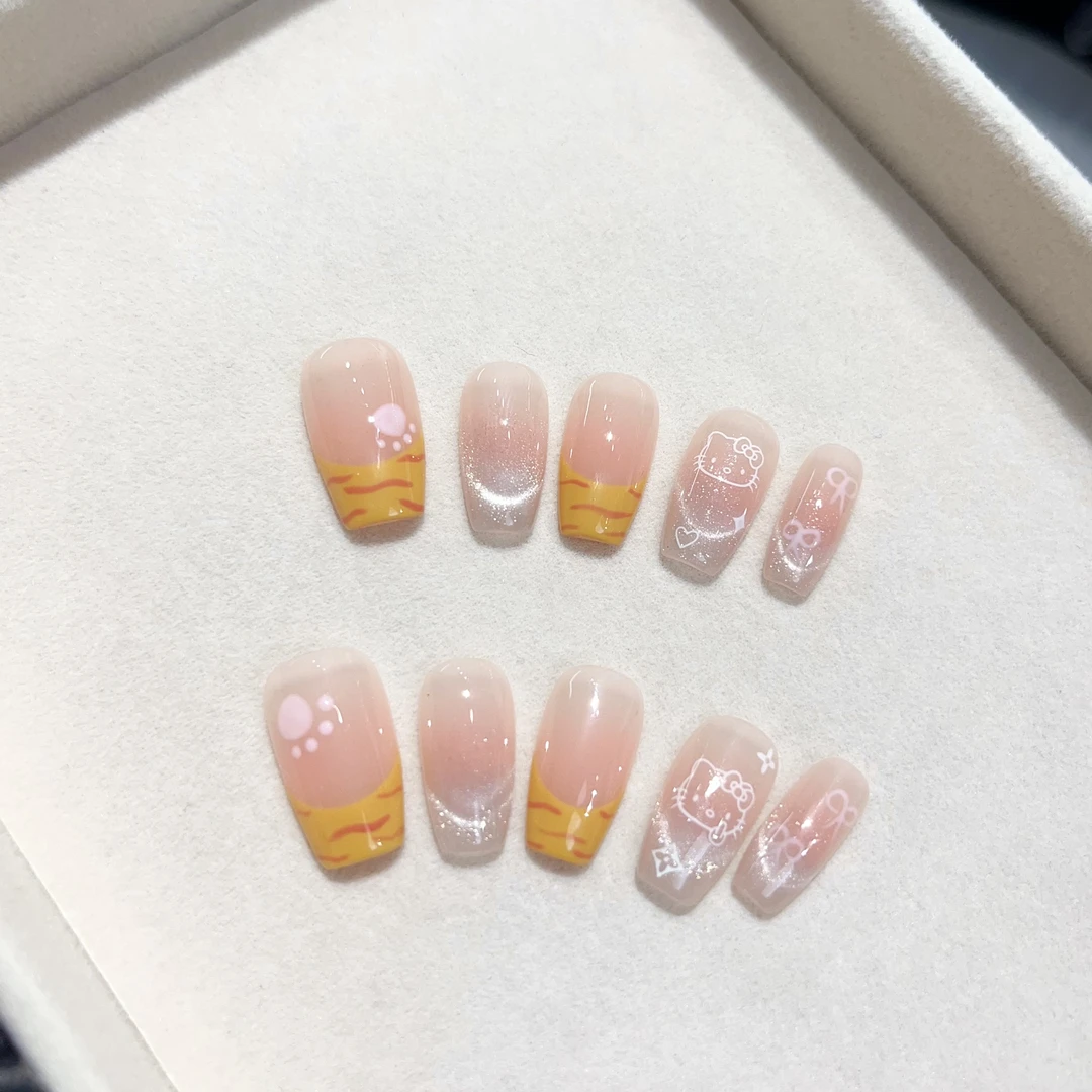 可爱Kitty猫显白美甲贴片爆闪法式猫眼指甲长款高级感