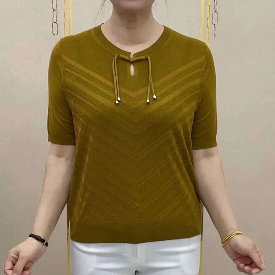 圆领短袖系带宽松纯色T恤短袖夏季薄款洋气百搭气质针织上衣