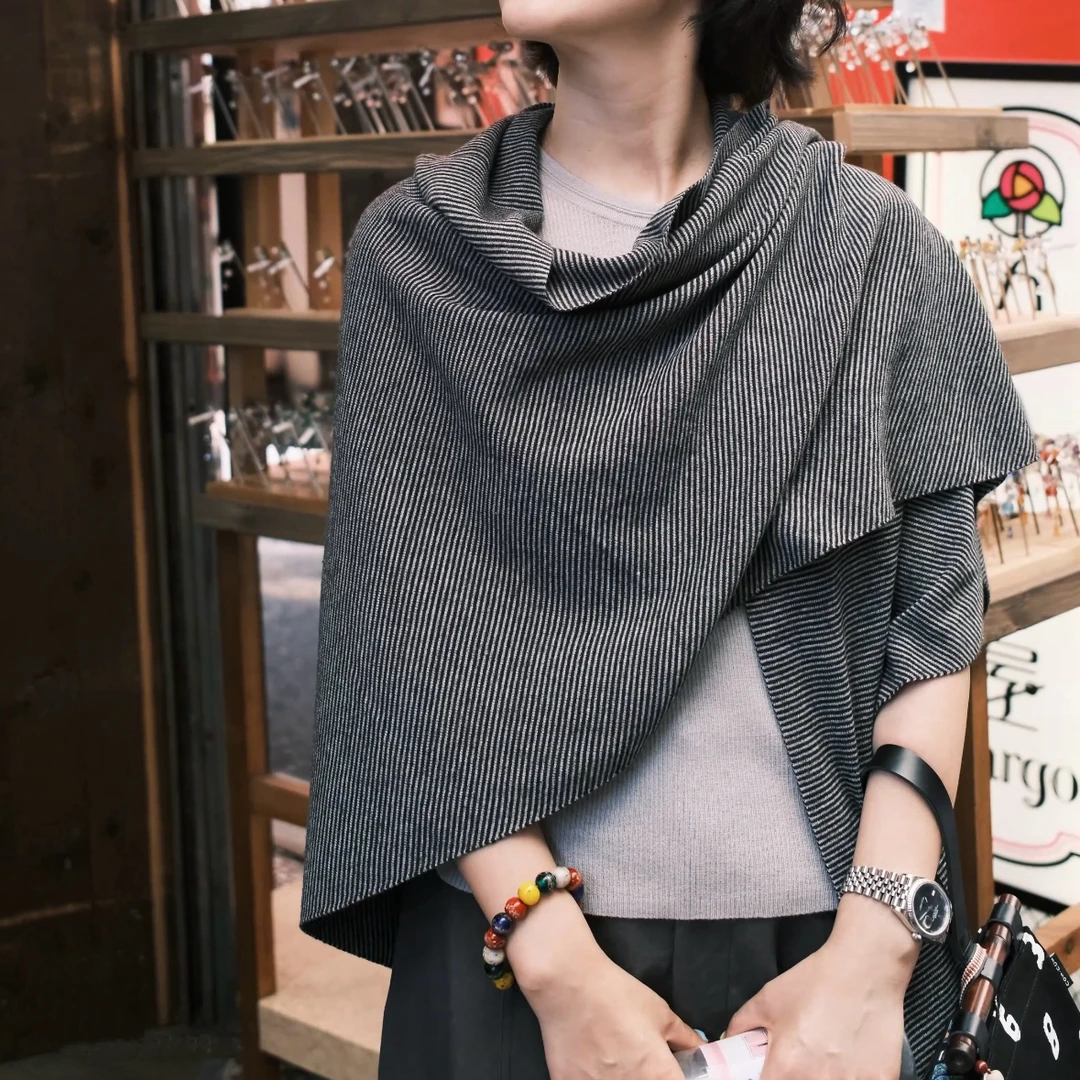 【浅草披肩】3102新款条纹百搭针织坎肩围巾