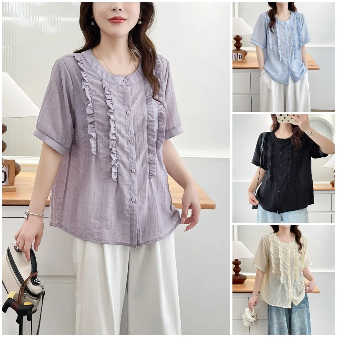 大码夏季短袖薄款衬衣女韩版胖mm休闲显瘦时尚宽松木耳边衬衫半袖