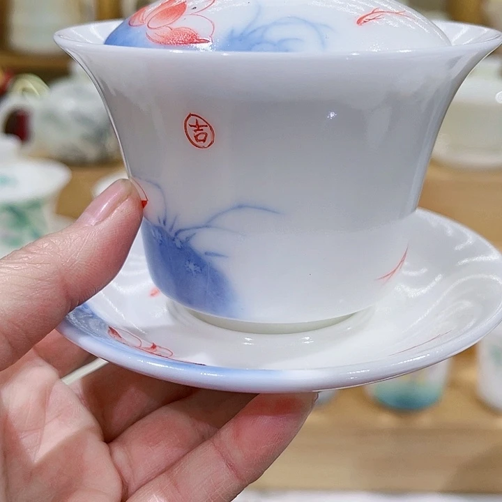 高冰素烧手绘荷花盖碗渴*吗