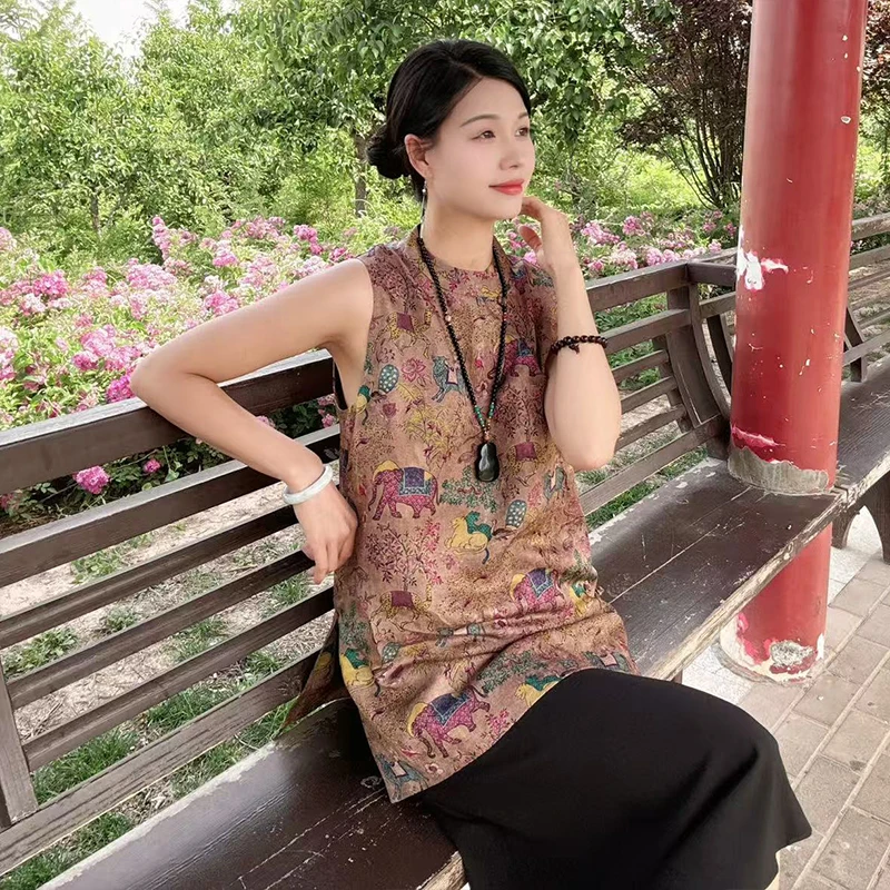 民族风马甲裙小个子2025夏季新款新中式国风侧开叉提花马甲连衣裙