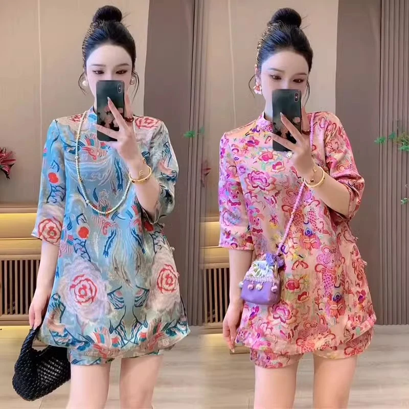 新中式国风时尚套装女25夏季复古盘扣大花显瘦短袖上衣短裤两件套