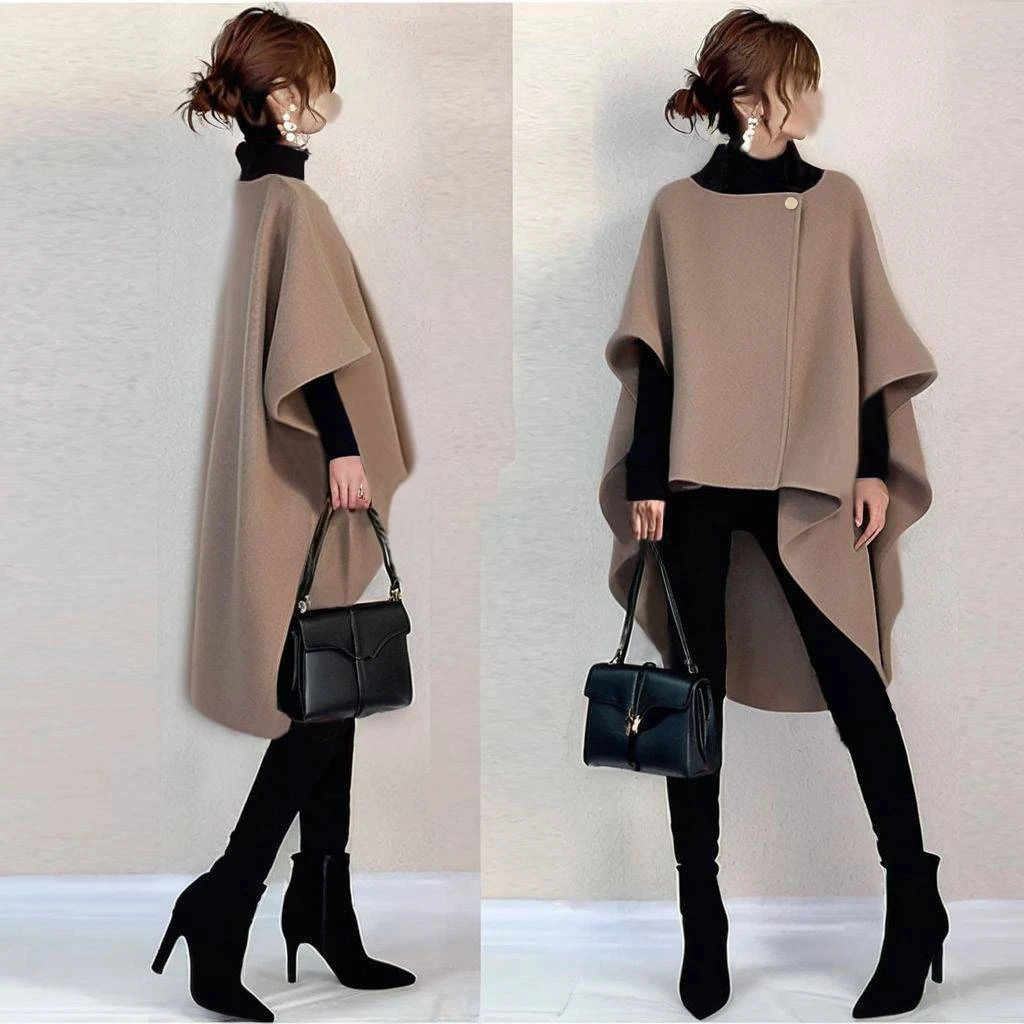 跨境外贸日系宽松小众设计感不规则呢子大衣女春秋披肩毛呢外套潮