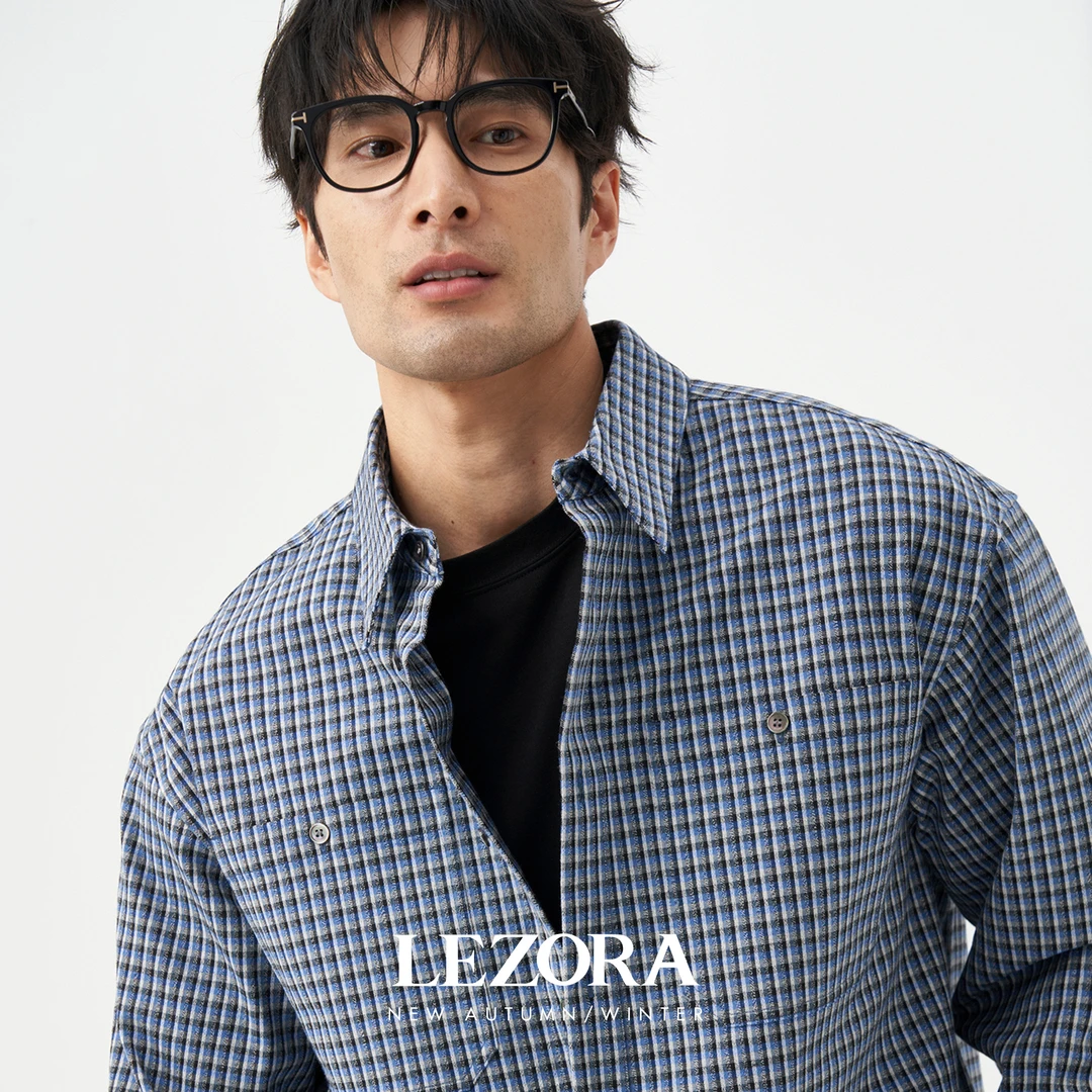 LEZORA意大利进口bc面料商RICCIARINI 羊毛混棉格纹长袖衬衫男