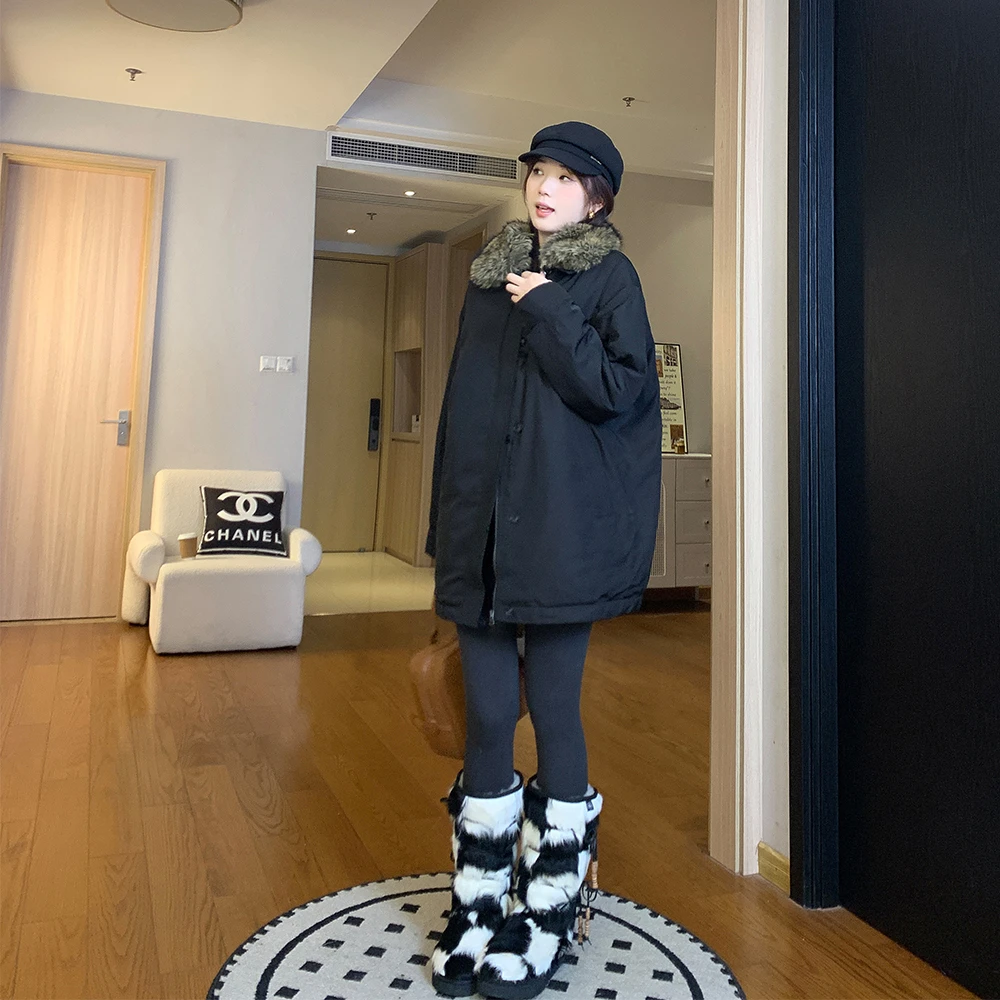 mcc lemons 宅女同款 可拆卸毛领鹅绒中长款黑色羽绒派克服女