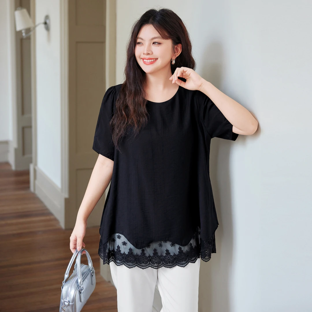 【气质假两件拼接波浪蕾丝下摆】MsShe大码女2025小衫M2505030