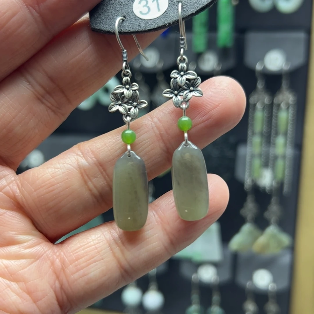 和田玉银S925镶嵌耳饰