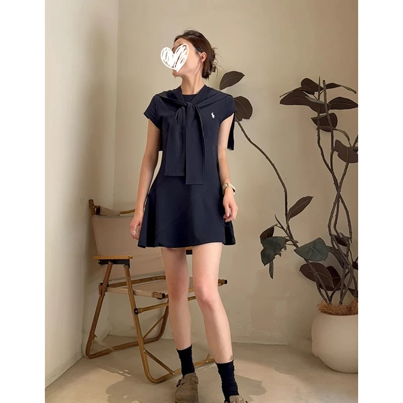 韩系披肩收腰A字连衣短裙学院风减龄夏季短袖收腰显瘦A字裙女