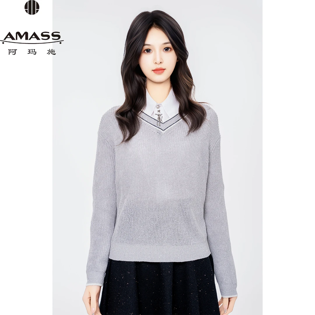 AMASS/阿玛施春夏新款质感V领经典时尚百搭长袖套头针织衫 538042