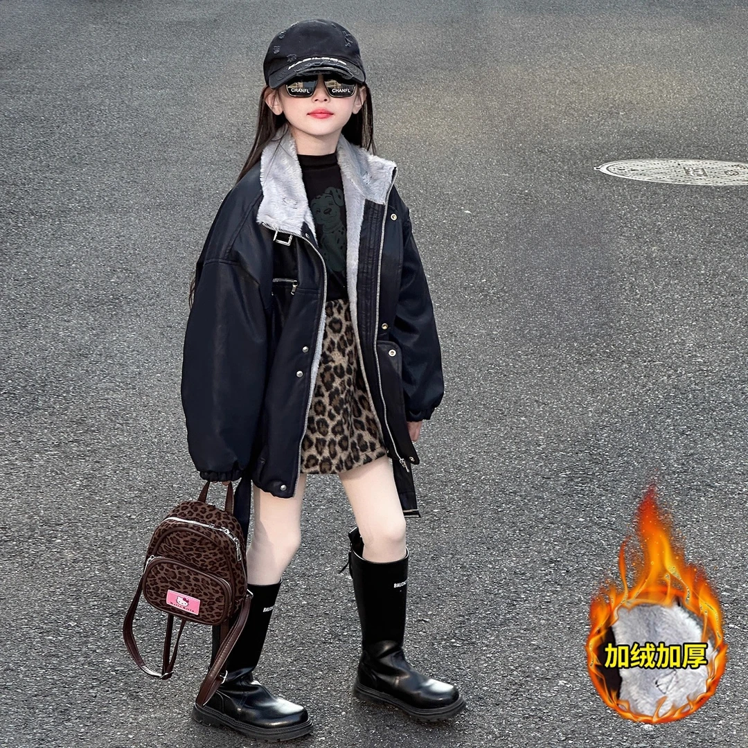 女童加绒加厚皮衣外套秋冬款2025新款冬季棉服大儿童冬装女孩夹克