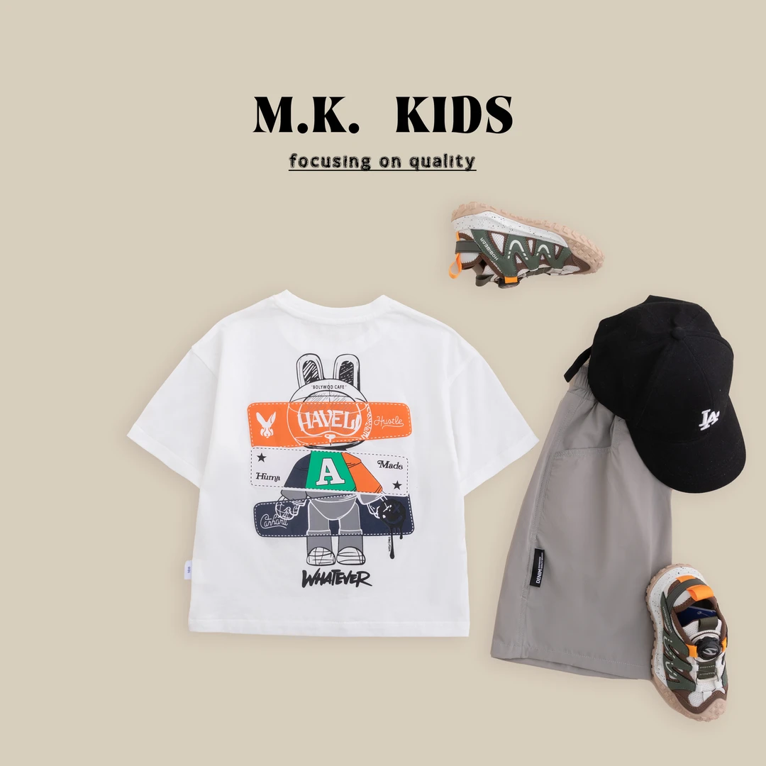 现货MK品牌儿童夏款短袖纯棉T恤2024新款卡通印花舒适百搭XA3835
