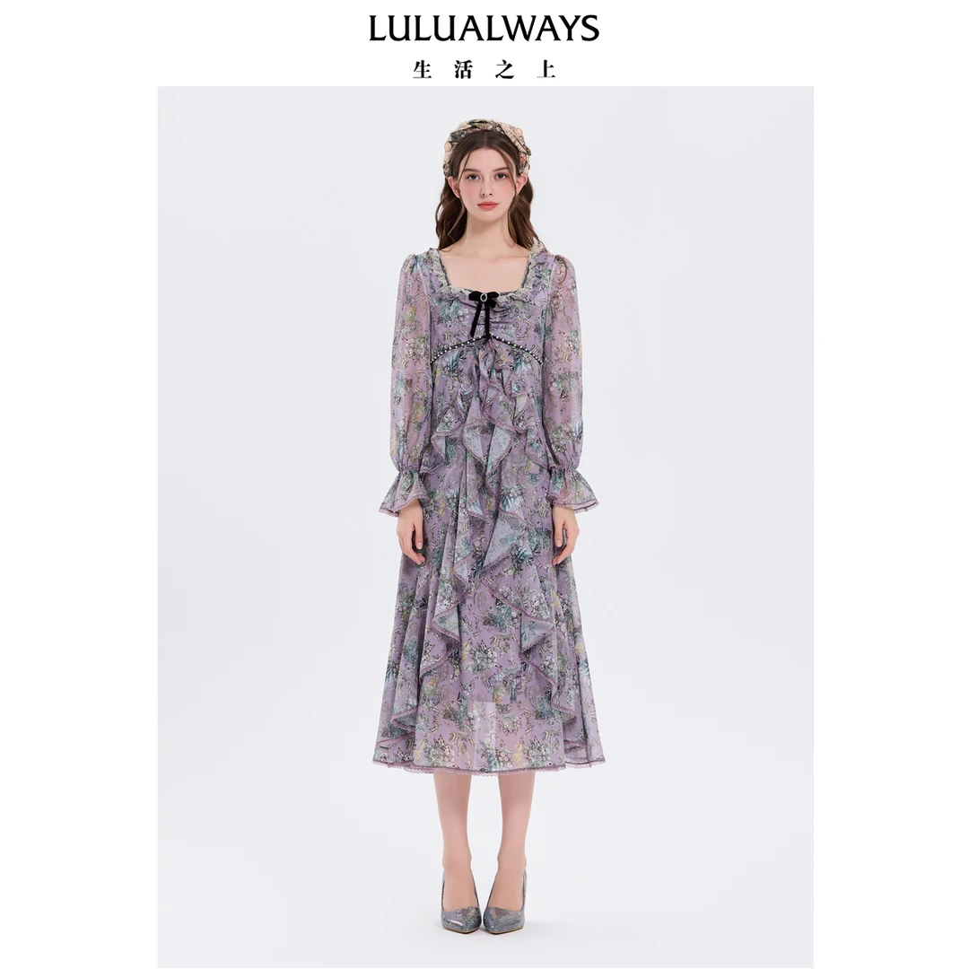 LULUALWAYS我爱露露25秋季新款法式荷叶边修身显瘦长款长袖连衣裙
