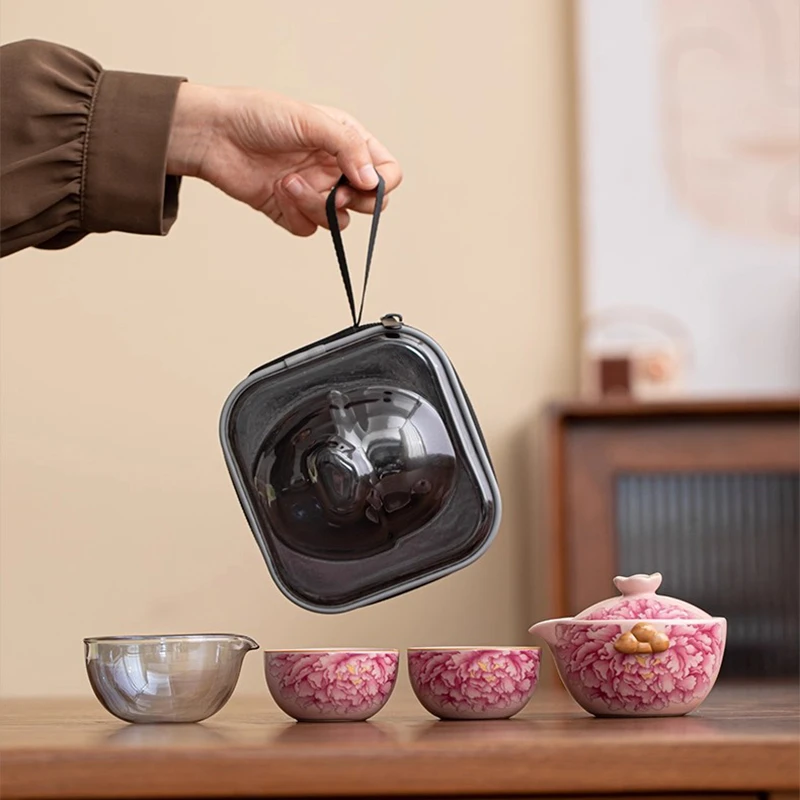 【沉鱼】粉色汝窑牡丹快客一壶两杯便携式户外旅行茶具-KK0266