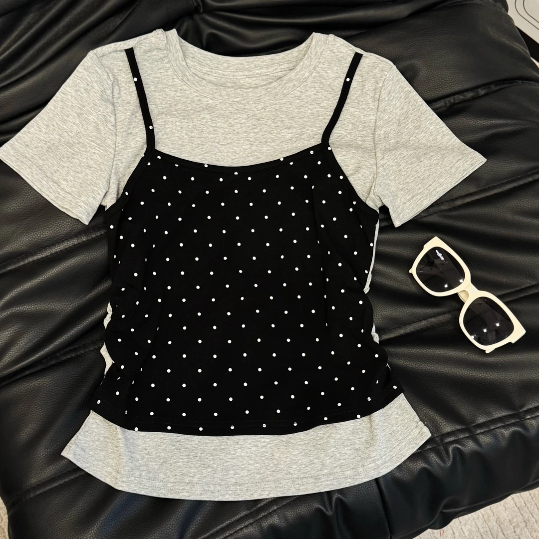 LUSESAY 设计感假两件 2025夏季新款短袖T恤女百搭显瘦上衣