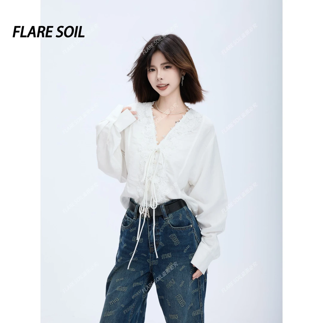 【FLARE SOIL】（现货）V领外搭蕾丝衬衫提花刺绣长袖拼接外套 T4614A