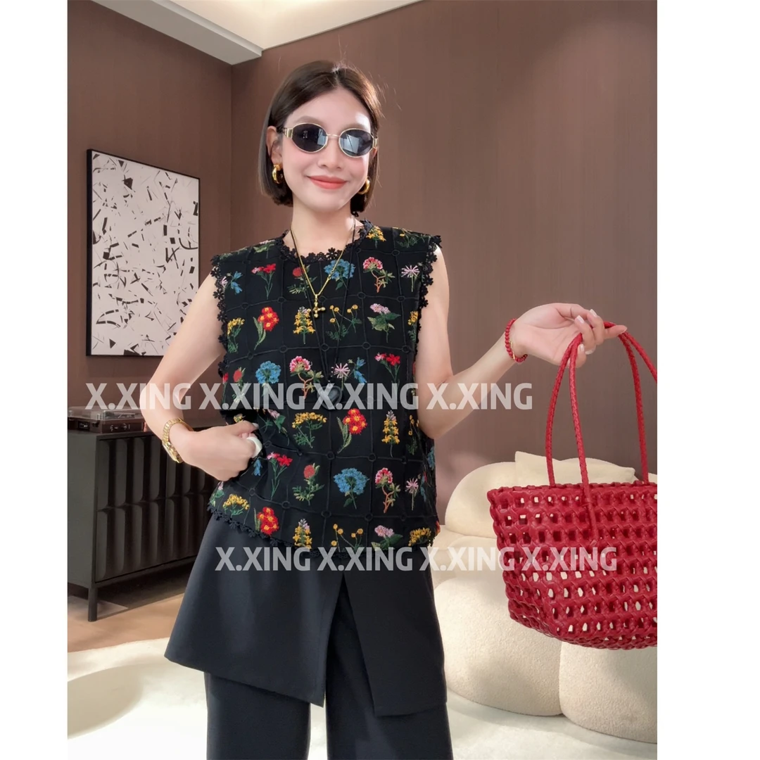 X.x.欧货刺绣牛仔马甲小衫女夏韩版时尚设计感系带上衣潮C31-1125