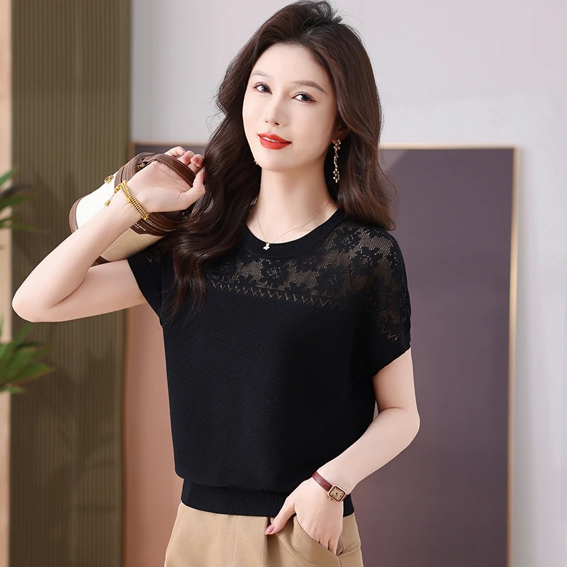 允山黛夏季圆领透气舒适t恤衫薄款女士时尚小衫宽松大码显瘦女装
