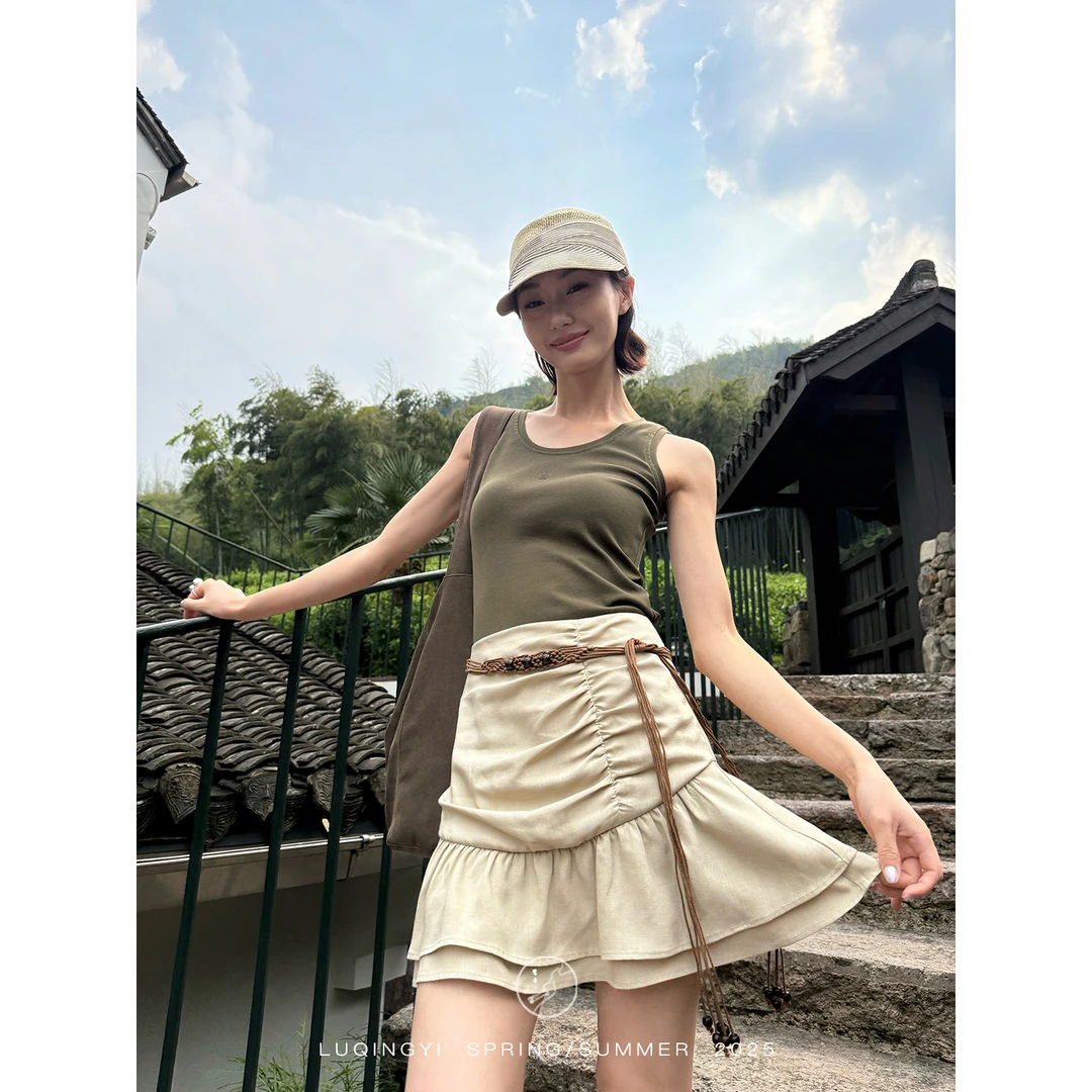 鹭青一原创【云景】100莱赛尔高腰抽褶不规则半身短裙L25Q2212N