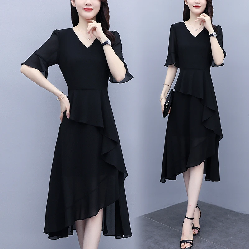 高端不规则雪纺连衣裙夏季短袖爆款时尚收腰显瘦气质洋气减龄长裙