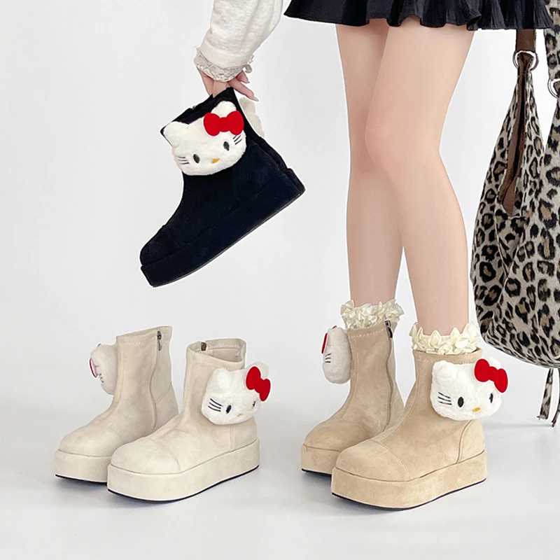 时尚简约可爱卡通大头猫时装靴女2025秋冬新款棉靴小众设计厚底靴