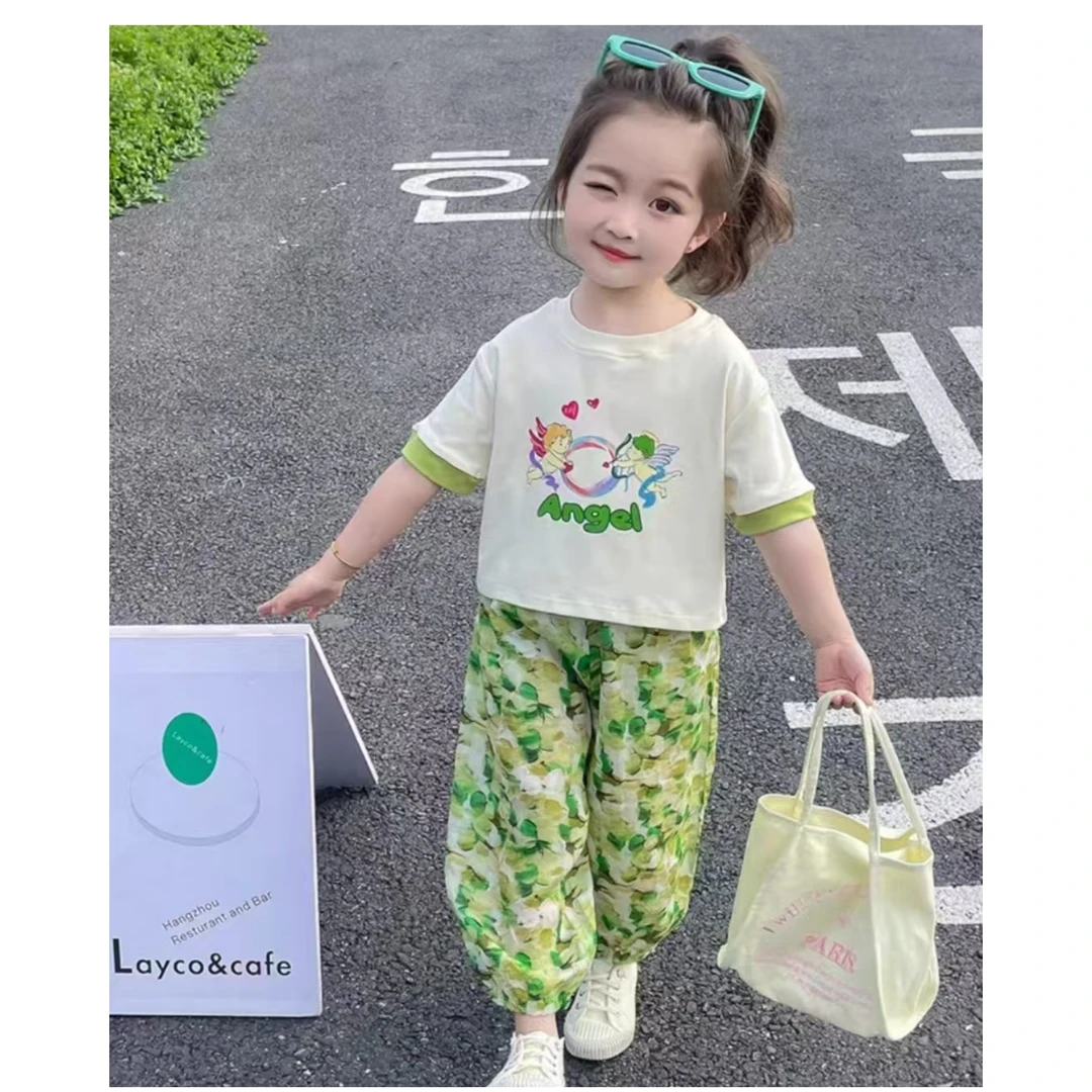 儿童短袖长裤夏季女童套装欧若风防蚊裤宝宝时尚国风百搭两件套潮